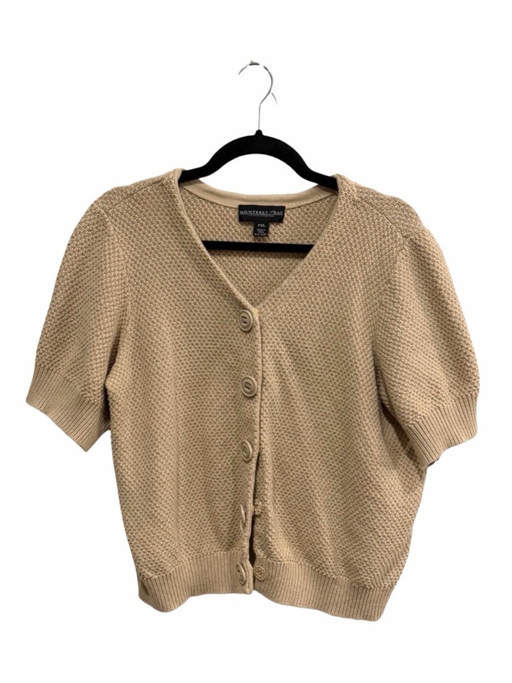 Monterey Bay 100% Cotton Short-Sleeve Button-Front Knit Cardigan in Tan